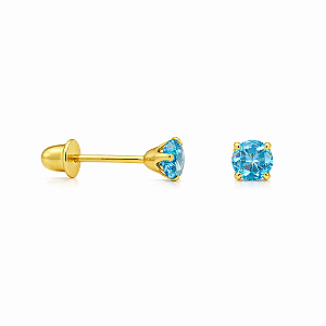 Brinco em Ouro 18K Com Zirconia Redonda Azul Claro