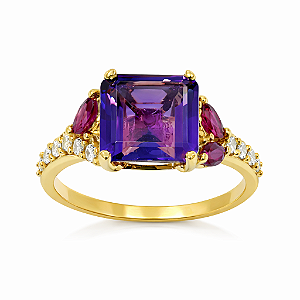 Anel em Ouro 18K com Ametista, Rubi e Diamante