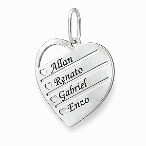 Pingente em Prata 925 Coração 4 nomes personalizado