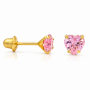 Brinco em Ouro 18K com Zirconia Coração Rosa