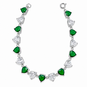 Pulseira em Prata 925 com Zirconias de Coraçãos Verde e Branca