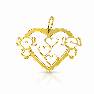 Pingente em Ouro 18K Coração com Duas meninas