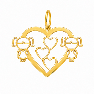 Pingente em Ouro 18K Coração com Duas meninas