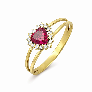 Anel em Ouro 18K Coração com Zirconia Vermelha e Brancas