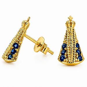 Brinco em Ouro 18k Nossa Senhora Aparecida com Safiras
