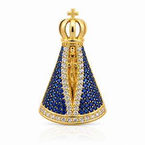 Pingente em Ouro 18k Nossa Senhora com Zirconia Azul e Brancas