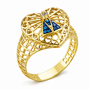 Anel em Ouro 18k Nossa Senhora Coração com Zirconias