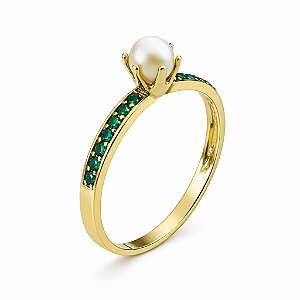 Anel em Ouro 18k Com Pérola e Esmeraldas