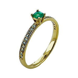 Anel em Ouro 18K Solitário com Esmeralda e Diamantes
