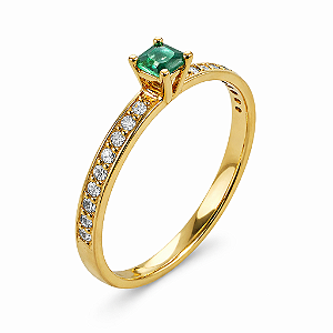Anel em Ouro 18K Solitário com Esmeralda e Diamantes