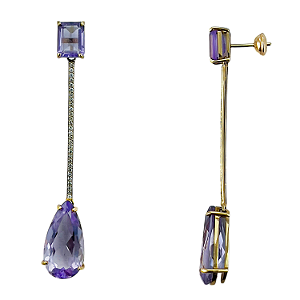 Brinco em Ouro 18k Palito com Ametista e Diamantes