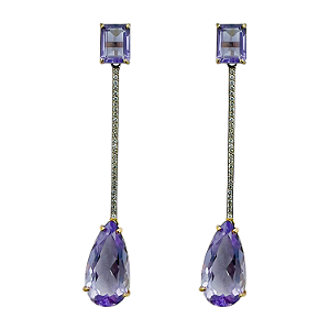 Brinco em Ouro 18k Palito com Ametista e Diamantes