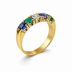 Anel em Ouro 18K Meia Aliança com Crisoprásio Ametista e Diamante