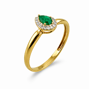 Anel em Ouro 18k Gota com Esmeralda e Zirconias Brancas