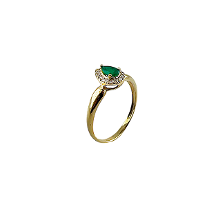 Anel em Ouro 18k Gota com Esmeralda e Zirconias Brancas