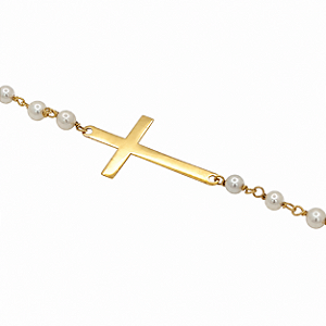Pulseira em Ouro 18K Cruz com Pérolas de 3,40 mm