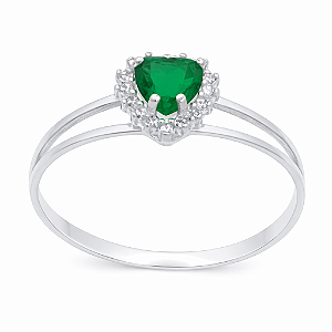 Anel em Prata 925 Aro Duplo Coração Verde 5mm