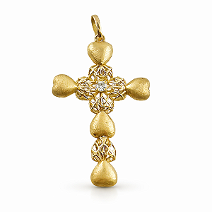 Pingente em Ouro 18k Cruz e Coração Fosco Vazado com Diamante