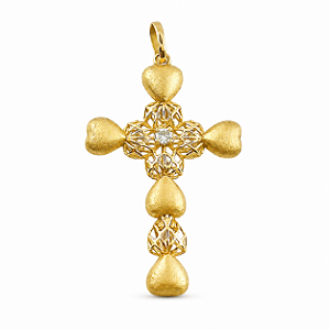 Pingente em Ouro 18k Cruz e Coração Fosco Vazado com Diamante
