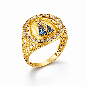 Anel em Ouro 18K Nossa Senhora com Zircônias Aro Vazado