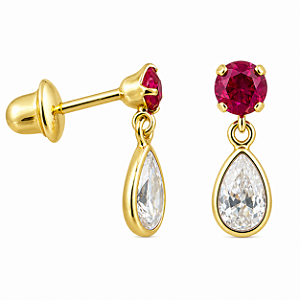 Brinco em Ouro 18k com Zircônia Redonda Rosa e Gota Branca