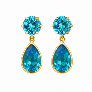 Brinco em Ouro 18K com Zirconia Redonda e Gota Azul Claro