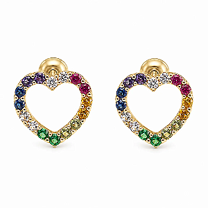 Brinco em Ouro 18k Zircônia Colorida Coração Vazado