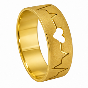 Aliança em Ouro 18K 7,50 mm com Coração e Traçado de Batimento