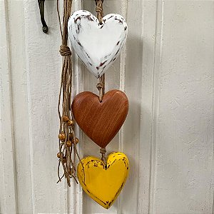 Trio corações 12cm boleado duplo, branco, natural e amarelo