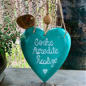 Coração de 14cm verde turquesa Sonhe, Acredite, Realize
