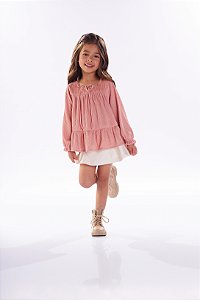 Conjunto Bata Manga Longa e Shorts Saia Infantil Kiki Xodó