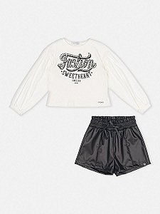 Conjunto Blusa Manga Longa e Shorts Couro Momi