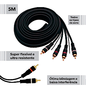 CABO 2RCA+2 RCA PRETO 5M PROFISSIONAL 6MM COM TERRA MXT