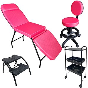 Kit Estética Maca 3 pos Mocho Escada e Carrinho Estofado Pink