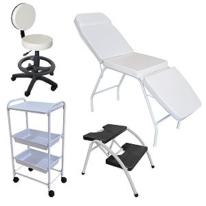Kit Completo Clínica Estética: Maca Reclinável Mocho com regulagem de Altura Escada antiderrapante e Carrinho Auxiliar
