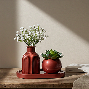 Kit Decorativo em Gesso com Bandeja e Vasos