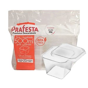 POTE QUADRADO C/ TAMPA 500ML PRAFESTA CX 10X20 UND