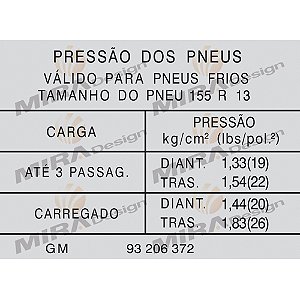 Adesivo Pressão Pneus GM CHEVETTE L / JUNIOR Pneus 155 R13