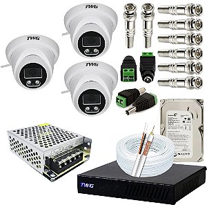 Kit 3 Câmeras de Segurança FULL HD 1080p DOME 20 Metros + DVR TWG 5204FD + App Grátis de Monitoramento + HD 500gb, Fonte, Cabos e Acessórios
