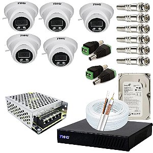 Kit 05 Câmeras de Segurança FULL HD 1080p DOME 20 Metros + DVR TWG 5208FD + App Grátis de Monitoramento + HD 500gb, Fonte, Cabos e Acessórios