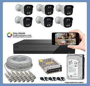 Kit CFTV 6 Câmeras Segurança 20m 2Mp DVR 8 Canais FullColor