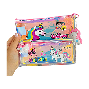 Estojo Escolar Unicórnio Holográfico com Chaveiro - FOFY