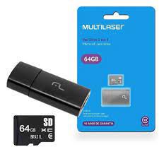 Leitor USB e Cartão de Memória 64GB Classe 10 Multilaser - MC164