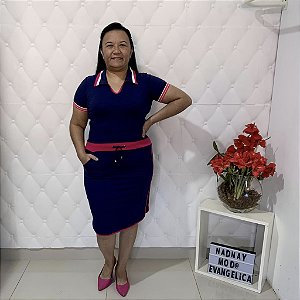 Vestido Azul e pink com Gola polo
