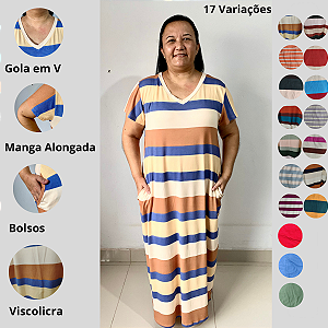 Vestido Longo Plus size Casual Evangélico Veste Até 56 Azul Listras