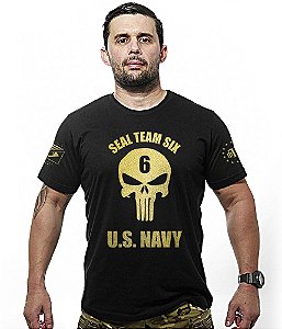 Camiseta Masculina Punisher Seal US Navy Gold Line Preto Team Six Brasil