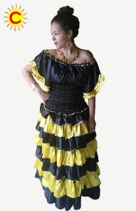 Roupa Luxo - Conjunto - 7 Babados Preto E Amarelo
