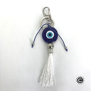 Chaveiro - Olho Grego Murano Azul Pompom Branco
