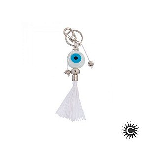 Chaveiro - Olho Grego Murano Branco Pompom