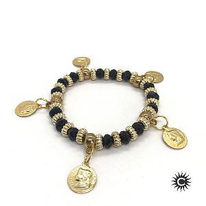 Pulseira - Cigana Preta Cristal E Silicone Com Moedas